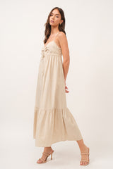 Beige Linen Front Cinch Midi Dress