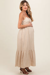 Beige Linen Front Cinch Maternity Midi Dress