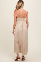 Beige Linen Front Cinch Maternity Midi Dress