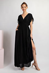 Black V-Neck Drawstring Short Sleeve Side Slit Maternity Maxi Dress