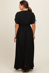 Black V-Neck Drawstring Short Sleeve Side Slit Maternity Maxi Dress