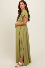 Light Olive V-Neck Drawstring Short Sleeve Side Slit Maternity Maxi Dress