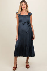 Navy Blue Ruffle Short Sleeve Self Tie Maternity Dress