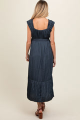 Navy Blue Ruffle Short Sleeve Self Tie Maternity Dress