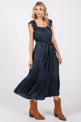 Navy Blue Ruffle Short Sleeve Self Tie Maternity Dress