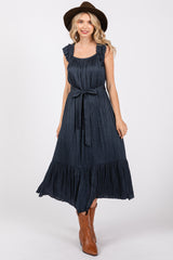 Navy Blue Ruffle Short Sleeve Self Tie Dress