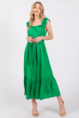 Green Ruffle Short Sleeve Self Tie Dress