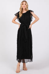 Black Short Sleeve Crinkle Self Tie Maternity Dress