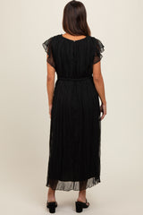 Black Short Sleeve Crinkle Self Tie Maternity Dress