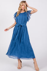 Blue Short Sleeve Crinkle Self Tie Dress