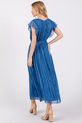 Blue Short Sleeve Crinkle Self Tie Dress
