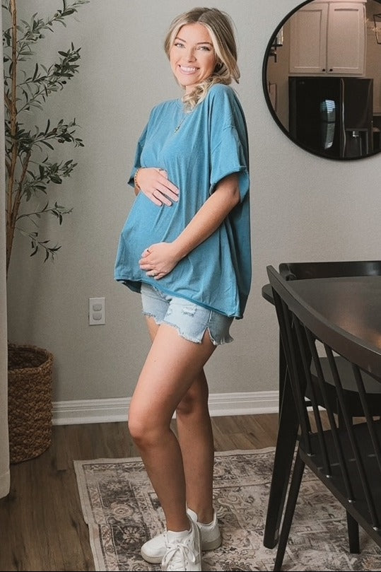 Teal Raw Rolled Hem Maternity Top