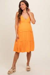 Orange Ruffle Tiered Cutout Back Tie Maternity Dress