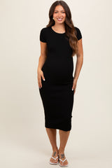 Black Short Sleeve Rib Knit Maternity Midi Dress