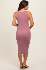 Mauve Ribbed Fitted Sleeveless Snap Button Maternity Dress