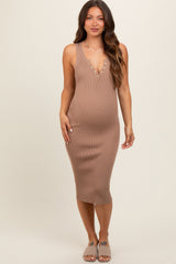 Mocha Ribbed Fitted Sleeveless Snap Button Maternity Dress