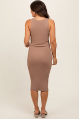 Mocha Ribbed Fitted Sleeveless Snap Button Maternity Dress