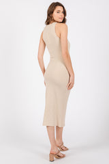 Beige Sleeveless Ribbed Knit Midi Dress