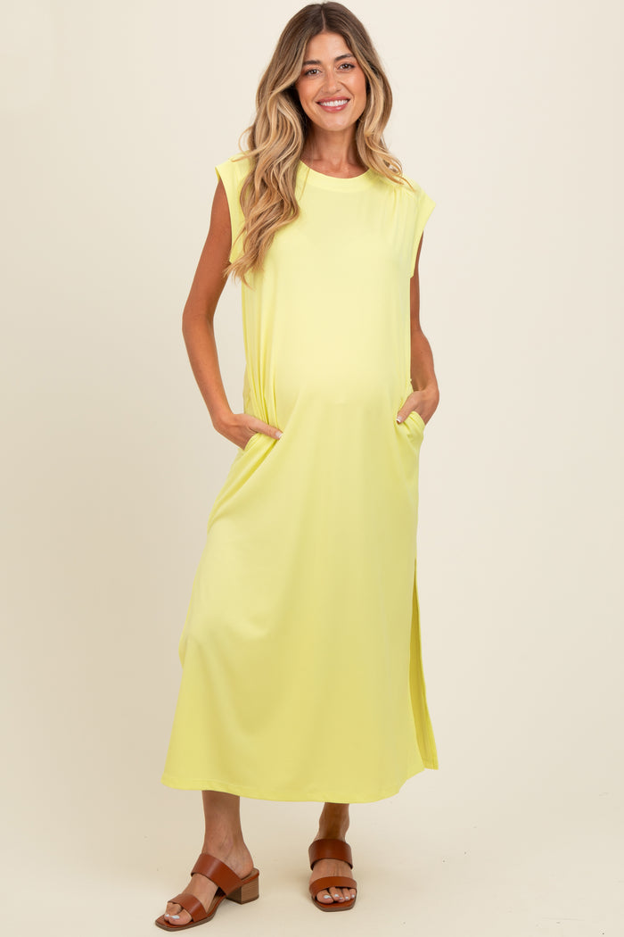 Yellow Short Dolman Sleeve Side Slit Maternity Maxi Dress