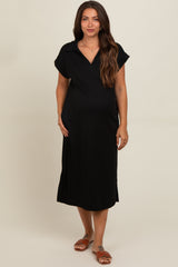 Black Collared Side Slit Maternity Midi Dress