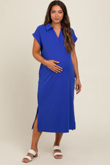 Royal Blue Collared Side Slit Maternity Midi Dress