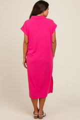 Fuchsia Collared Side Slit Maternity Midi Dress