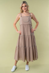 Taupe Front Pocket Tiered Overall Maternity Midi Dress