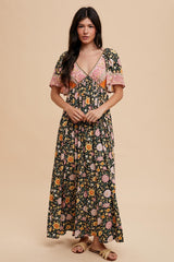 Black Floral V-Neck Short Flutter Sleeve Maxi Dress