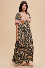 Black Floral V-Neck Short Flutter Sleeve Maxi Dress