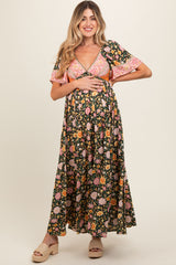 Black Floral V-Neck Short Flutter Sleeve Maternity Maxi Dress