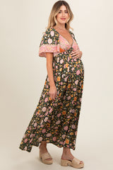 Black Floral V-Neck Short Flutter Sleeve Maternity Maxi Dress