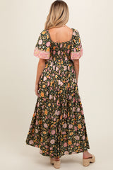 Black Floral V-Neck Short Flutter Sleeve Maternity Maxi Dress