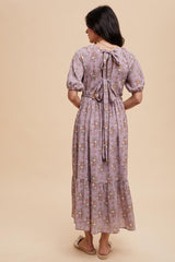 Lavender Floral Textured Tied Open Back Maxi Dress