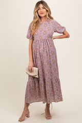 Lavender Floral Textured Tied Open Back Maternity Maxi Dress