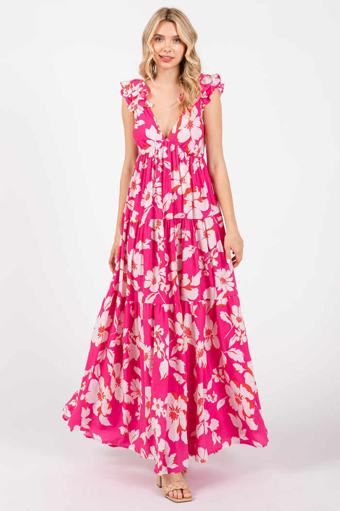Fuchsia Floral Deep V-Neck Open Back Maternity Maxi Dress