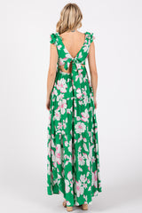 Green Floral Deep V-Neck Open Back Maxi Dress