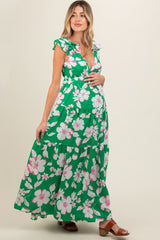 Green Floral Deep V-Neck Open Back Maternity Maxi Dress