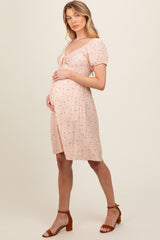 Salmon Floral V-Neck Front Tied Maternity Dress