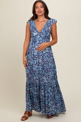 Blue Abstract Floral Ruffle Accent Maternity Maxi Dress