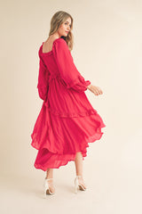 Fuchsia Smocked Ruffle Long Sleeve Midi Dress