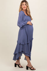 Blue Smocked Ruffle Long Sleeve Maternity Midi Dress