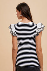 Black Striped Eyelet Lace Sleeve Blouse