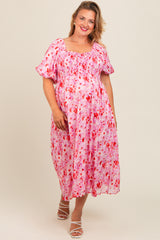 Pink Floral Smocked Sweetheart Neck Short Puff Sleeve Maternity Plus Midi Dress