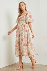 Cream Blue Floral Chiffon Puff Sleeve Maternity Midi Dress