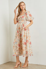 Cream Blue Floral Chiffon Puff Sleeve Midi Dress