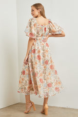 Cream Blue Floral Chiffon Puff Sleeve Midi Dress