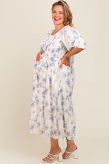 Ivory Floral Chiffon Smocked Maternity Plus Midi Dress