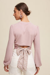 Mauve Long Sleeve Cropped Knit Top With Contrast Tie