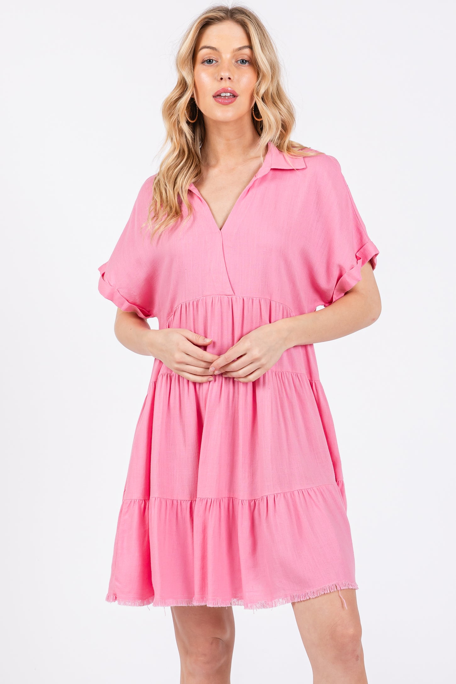 Pink Tiered Linen Maternity Dress