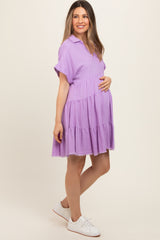 Lavender Tiered Linen Maternity Dress